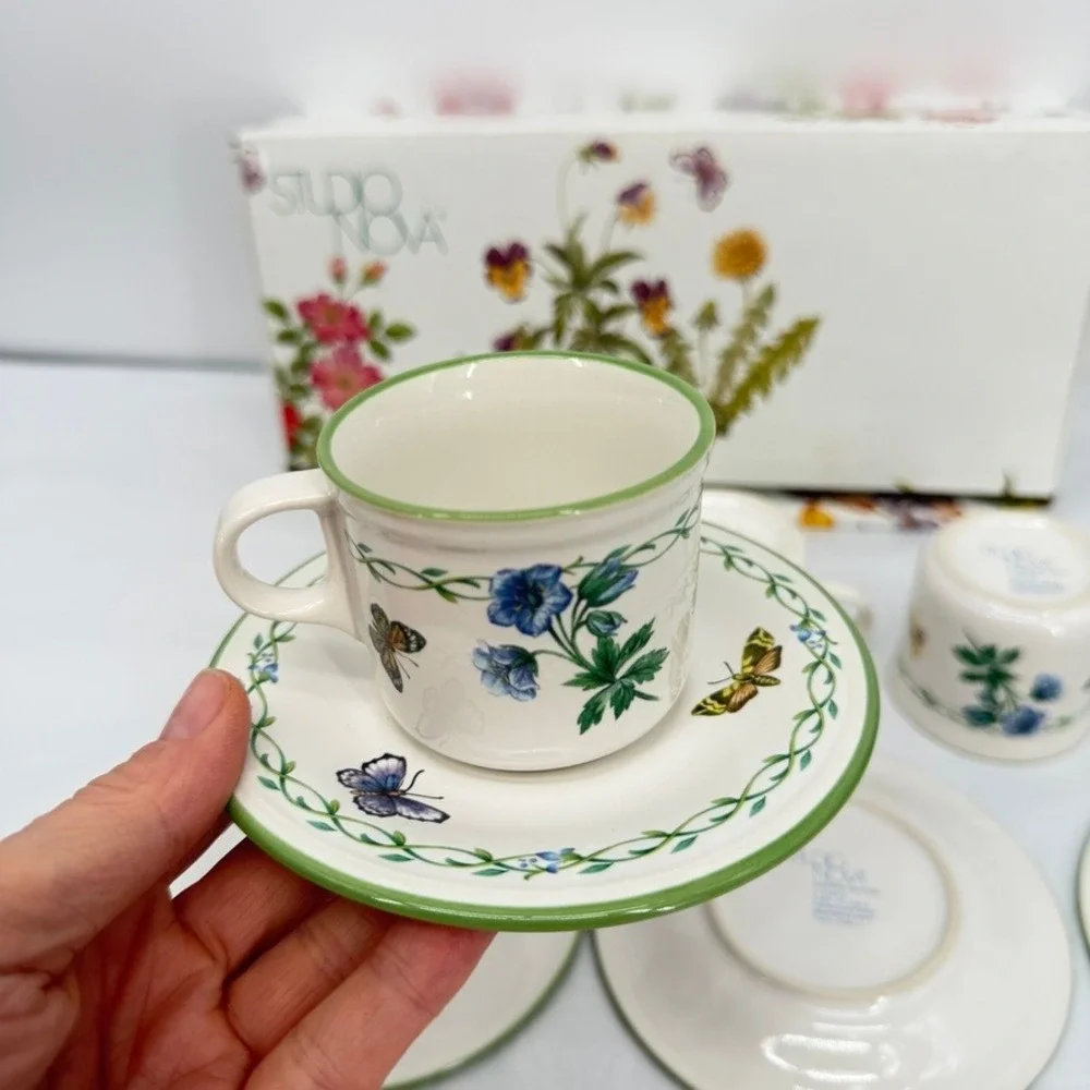 Studio Nova Garden‎ Bloom Espresso Cup Saucer Set Butterfly Floral 8 Piece NEW